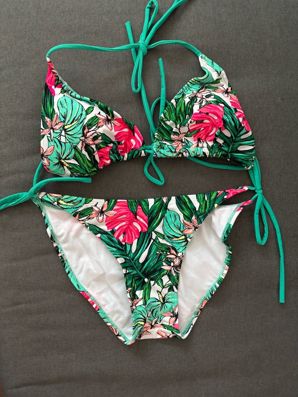 Tropical Floral Tie-Side Bikini in Teal & Pink